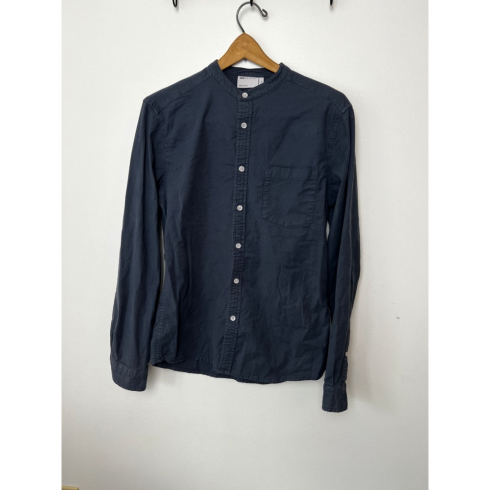 ASOS DESIGN Mens Navy Blue Band Collar Long Sleeve‎ Button Down Shirt M